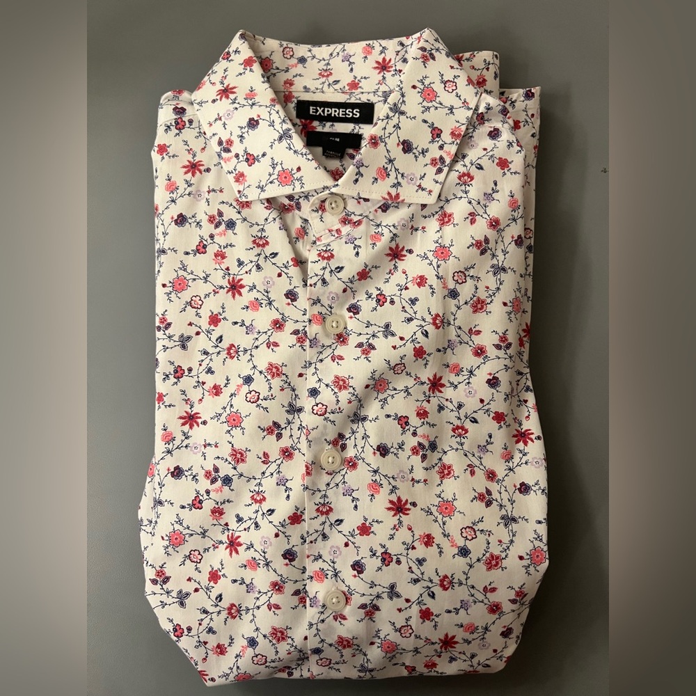 Express slim fit White and Red Dress Shirt with Floral Design